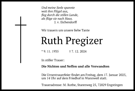 Anzeige von Ruth Pregizer von Reutlinger General-Anzeiger