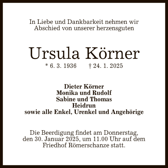 Anzeige von Ursula Körner von Reutlinger General-Anzeiger