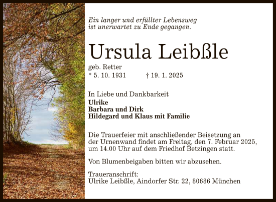 Anzeige von Ursula Leibßle von Reutlinger General-Anzeiger