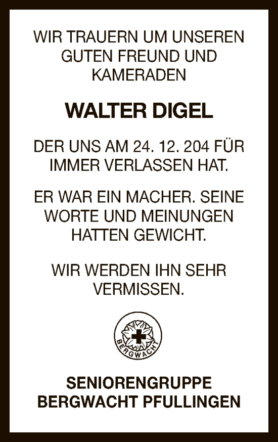 Anzeige von Walter Digel von Reutlinger General-Anzeiger