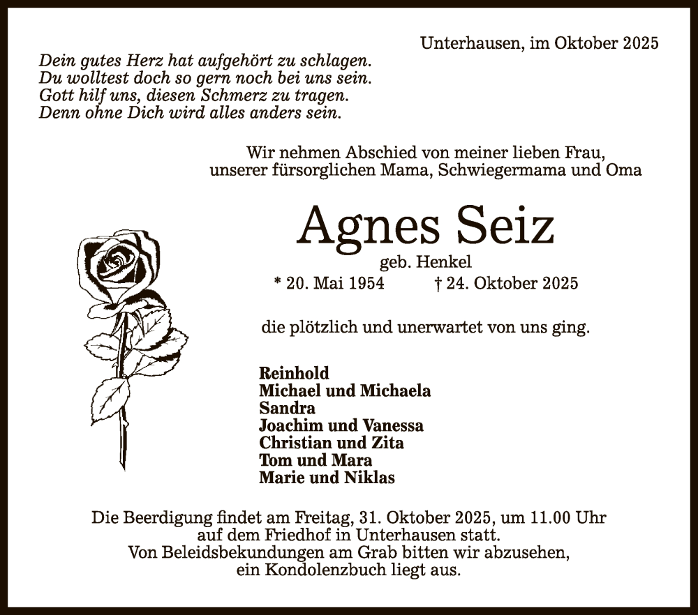  Traueranzeige für Agnes Seiz vom 29.10.2025 aus Reutlinger General-Anzeiger