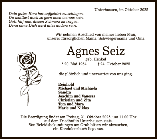 Anzeige von Agnes Seiz von Reutlinger General-Anzeiger
