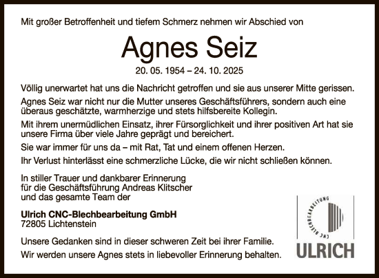 Anzeige von Agnes Seiz von Reutlinger General-Anzeiger