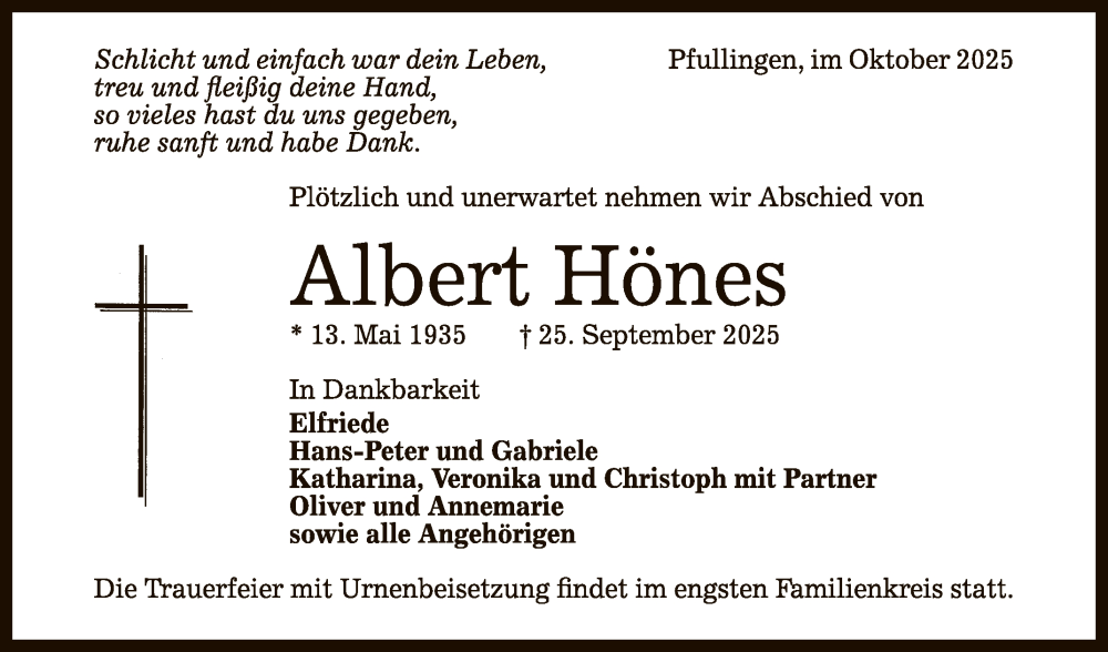  Traueranzeige für Albert Hönes vom 04.10.2025 aus Reutlinger General-Anzeiger