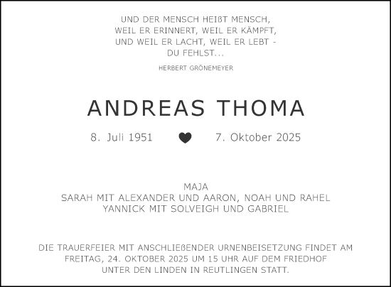 Anzeige von Andreas Thoma von Reutlinger General-Anzeiger