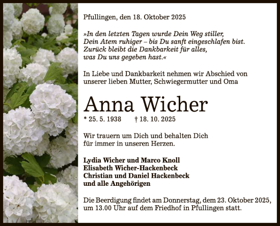 Anzeige von Anna Wicher von Reutlinger General-Anzeiger