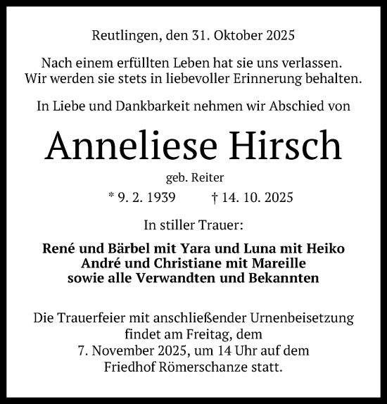 Anzeige von Anneliese Hirsch von Reutlinger General-Anzeiger