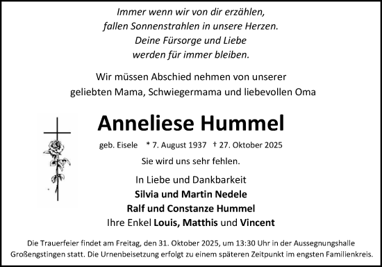 Anzeige von Anneliese Hummel von Reutlinger General-Anzeiger