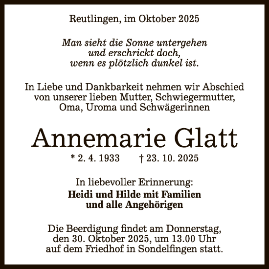 Anzeige von Annemarie Glatt von Reutlinger General-Anzeiger