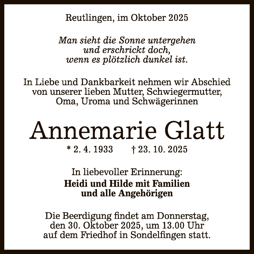  Traueranzeige für Annemarie Glatt vom 25.10.2025 aus Reutlinger General-Anzeiger