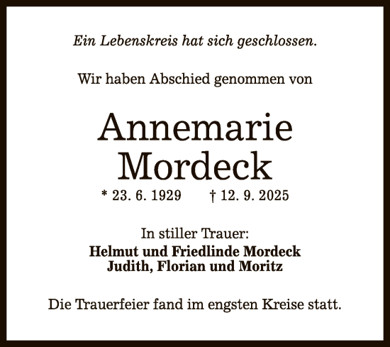 Anzeige von Annemarie Mordeck von Reutlinger General-Anzeiger