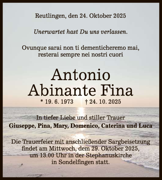 Anzeige von Antonio Abinante Fina von Reutlinger General-Anzeiger