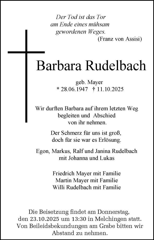  Traueranzeige für Barbara Rudelbach vom 20.10.2025 aus Reutlinger General-Anzeiger