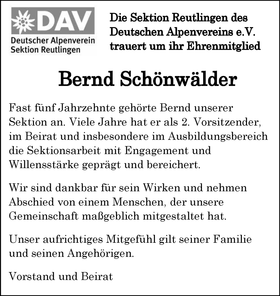  Traueranzeige für Bernd Schönwälder vom 18.10.2025 aus Reutlinger General-Anzeiger