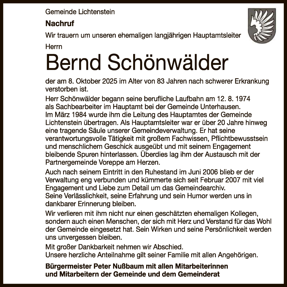  Traueranzeige für Bernd Schönwälder vom 22.10.2025 aus Reutlinger General-Anzeiger