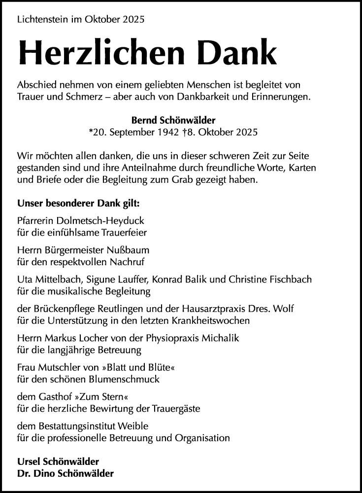  Traueranzeige für Bernd Schönwälder vom 31.10.2025 aus Reutlinger General-Anzeiger