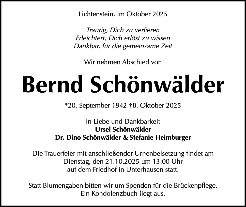  Traueranzeige für Bernd Schönwälder vom 18.10.2025 aus Reutlinger General-Anzeiger
