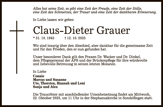 Anzeige von Claus-Dieter Grauer von Reutlinger General-Anzeiger
