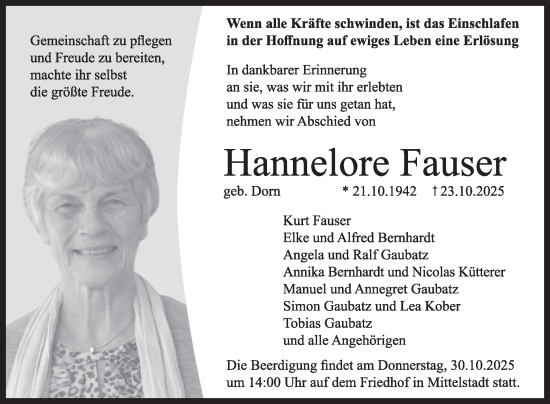 Anzeige von Hannelore Fauser von Reutlinger General-Anzeiger