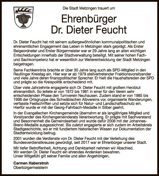 Anzeige von Dieter Feucht von Reutlinger General-Anzeiger