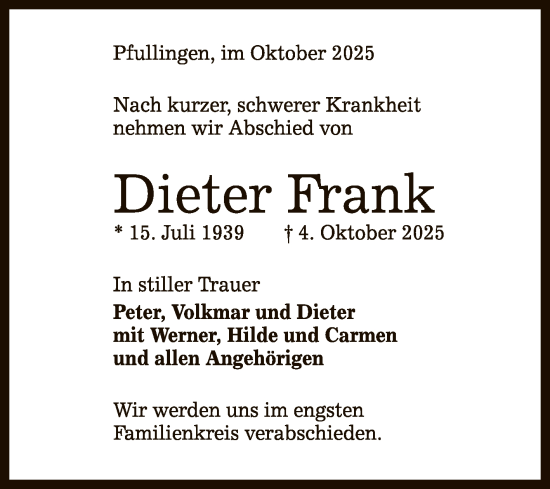 Anzeige von Dieter Frank von Reutlinger General-Anzeiger