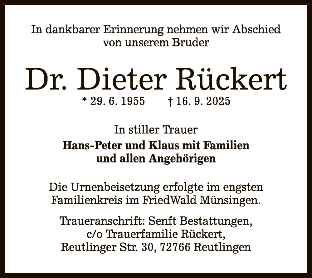  Traueranzeige für Dieter Rückert vom 04.10.2025 aus Reutlinger General-Anzeiger