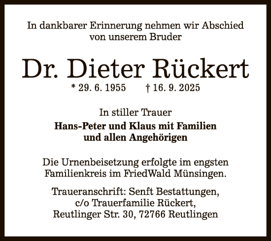 Anzeige von Dieter Rückert von Reutlinger General-Anzeiger