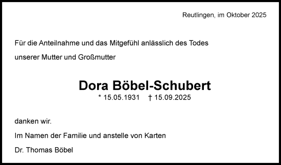Anzeige von Dora Böbel-Schubert von Reutlinger General-Anzeiger
