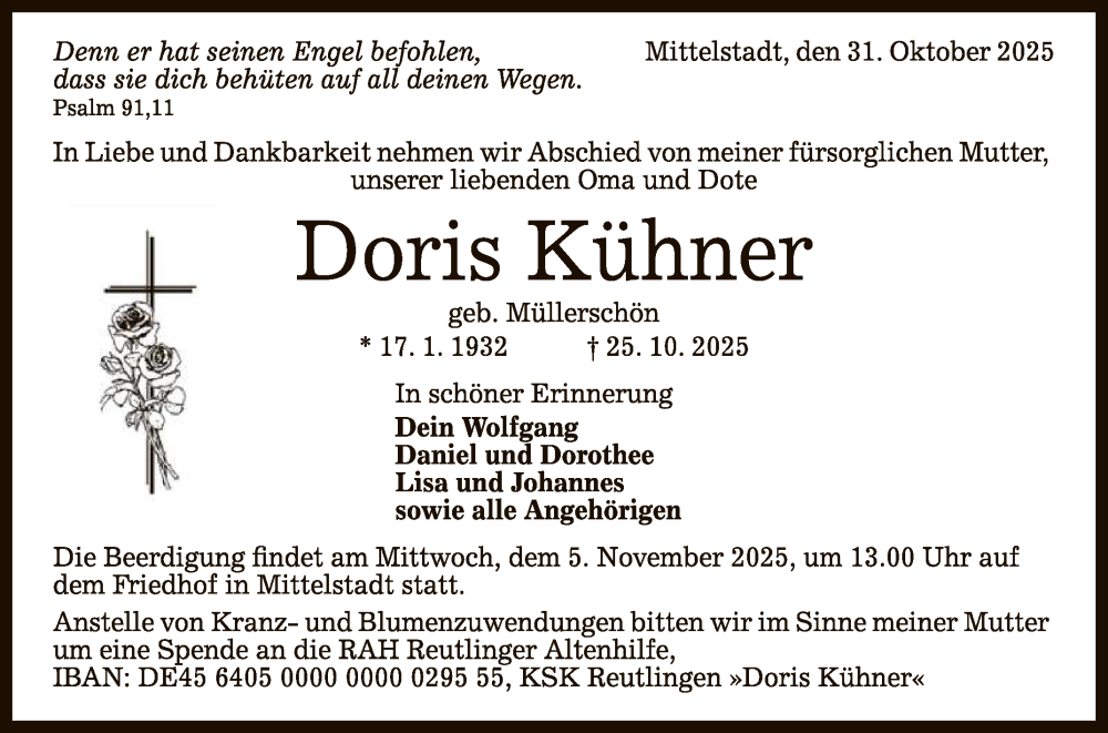  Traueranzeige für Doris Kühner vom 31.10.2025 aus Reutlinger General-Anzeiger