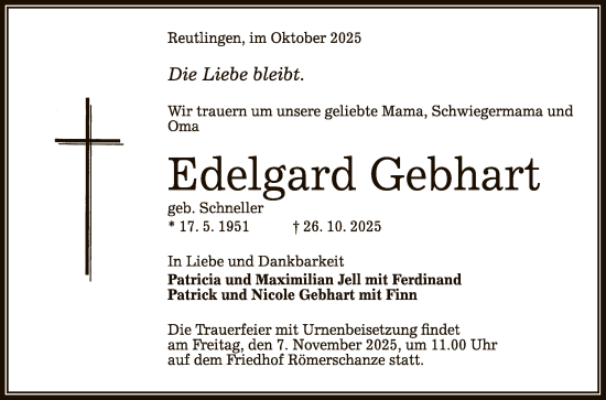 Anzeige von Edelgard Gebhart von Reutlinger General-Anzeiger