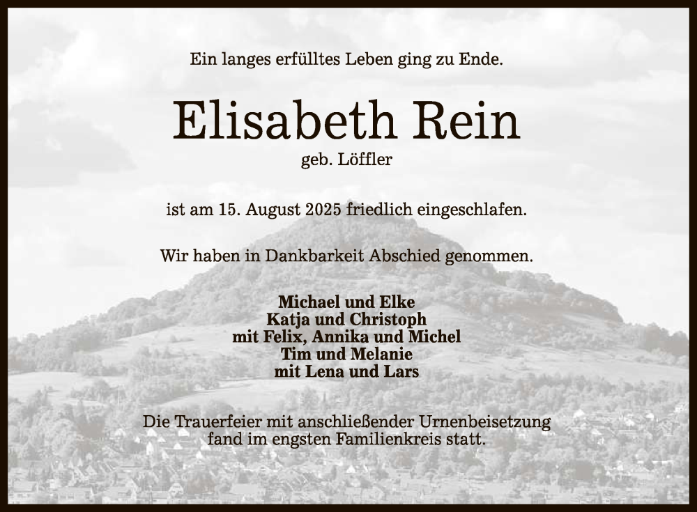  Traueranzeige für Elisabeth Rein vom 20.10.2025 aus Reutlinger General-Anzeiger