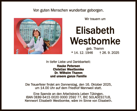 Anzeige von Elisabeth Westbomke von Reutlinger General-Anzeiger