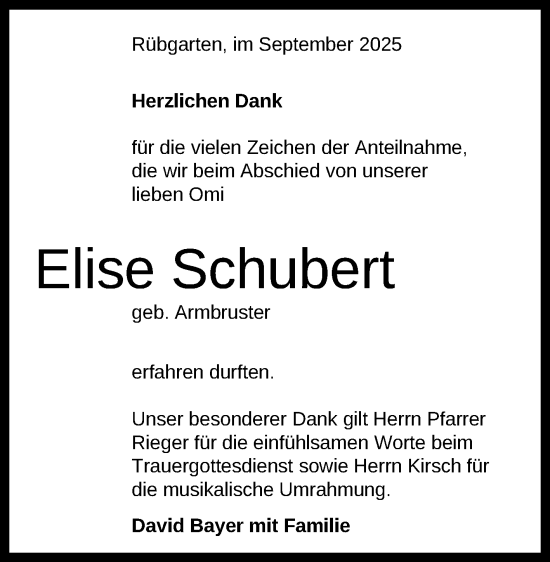 Anzeige von Elise Schubert von Reutlinger General-Anzeiger