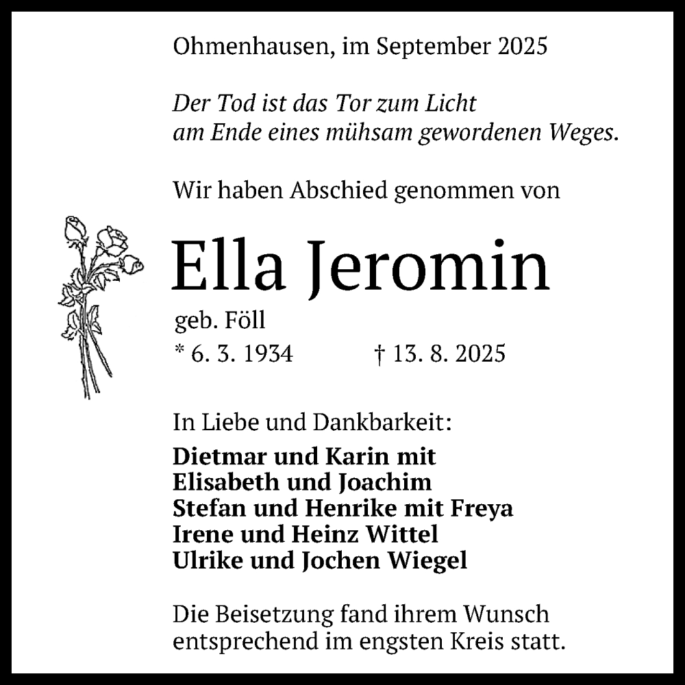  Traueranzeige für Ella Jeromin vom 04.10.2025 aus Reutlinger General-Anzeiger