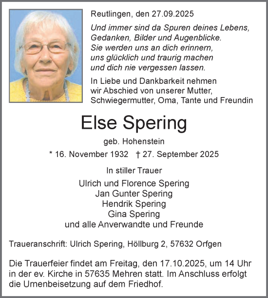 Anzeige von Else Spering von Reutlinger General-Anzeiger