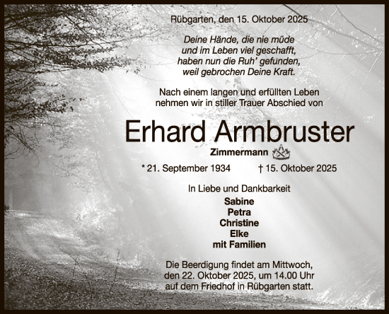 Anzeige von Erhard Armbruster von Reutlinger General-Anzeiger