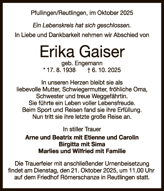 Anzeige von Erika Gaiser von Reutlinger General-Anzeiger