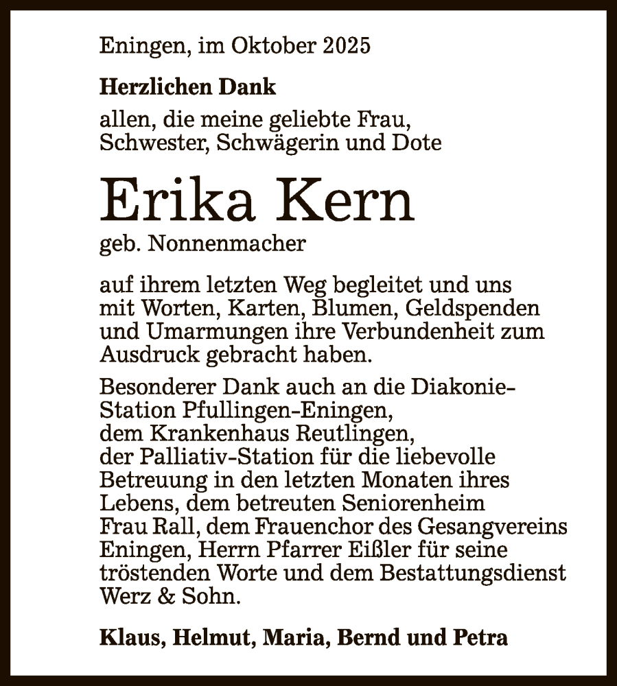  Traueranzeige für Erika Kern vom 25.10.2025 aus Reutlinger General-Anzeiger