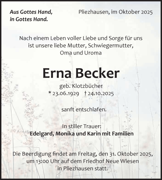 Anzeige von Erna Becker von Reutlinger General-Anzeiger