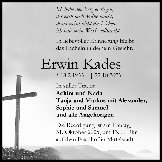 Anzeige von Erwin Kades von Reutlinger General-Anzeiger