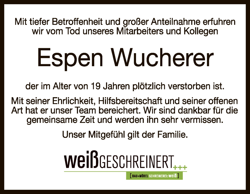  Traueranzeige für Espen Wucherer vom 11.10.2025 aus Reutlinger General-Anzeiger