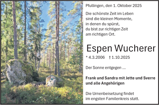 Anzeige von Espen Wucherer von Reutlinger General-Anzeiger