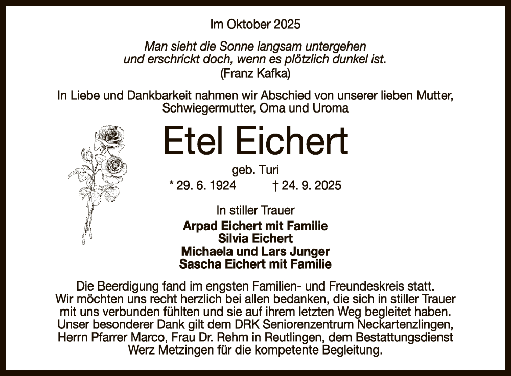  Traueranzeige für Etel Eichert vom 18.10.2025 aus Reutlinger General-Anzeiger