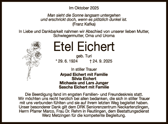 Anzeige von Etel Eichert von Reutlinger General-Anzeiger