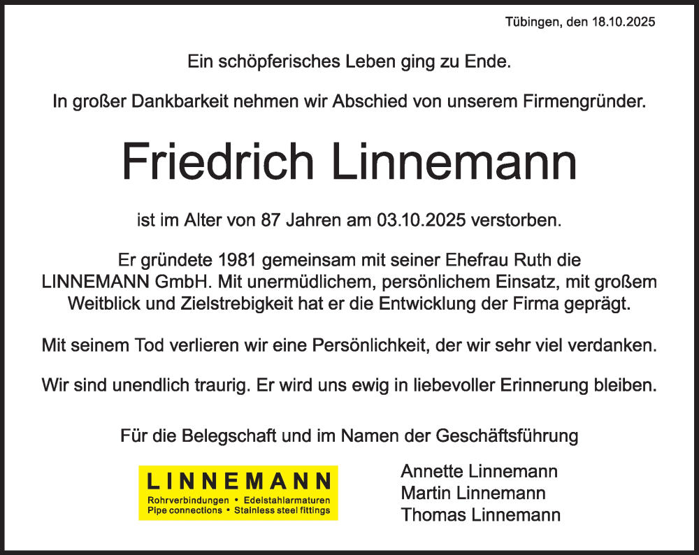  Traueranzeige für Friedrich Linnemann vom 18.10.2025 aus Reutlinger General-Anzeiger