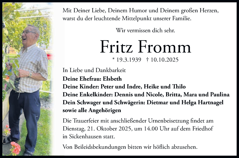  Traueranzeige für Fritz Fromm vom 18.10.2025 aus Reutlinger General-Anzeiger