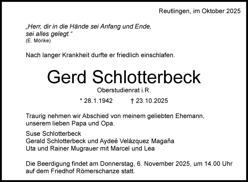  Traueranzeige für Gerd Schlotterbeck vom 31.10.2025 aus Reutlinger General-Anzeiger