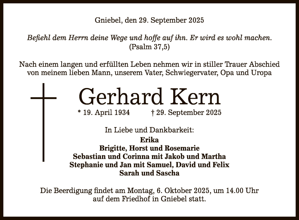  Traueranzeige für Gerhard Kern vom 04.10.2025 aus Reutlinger General-Anzeiger