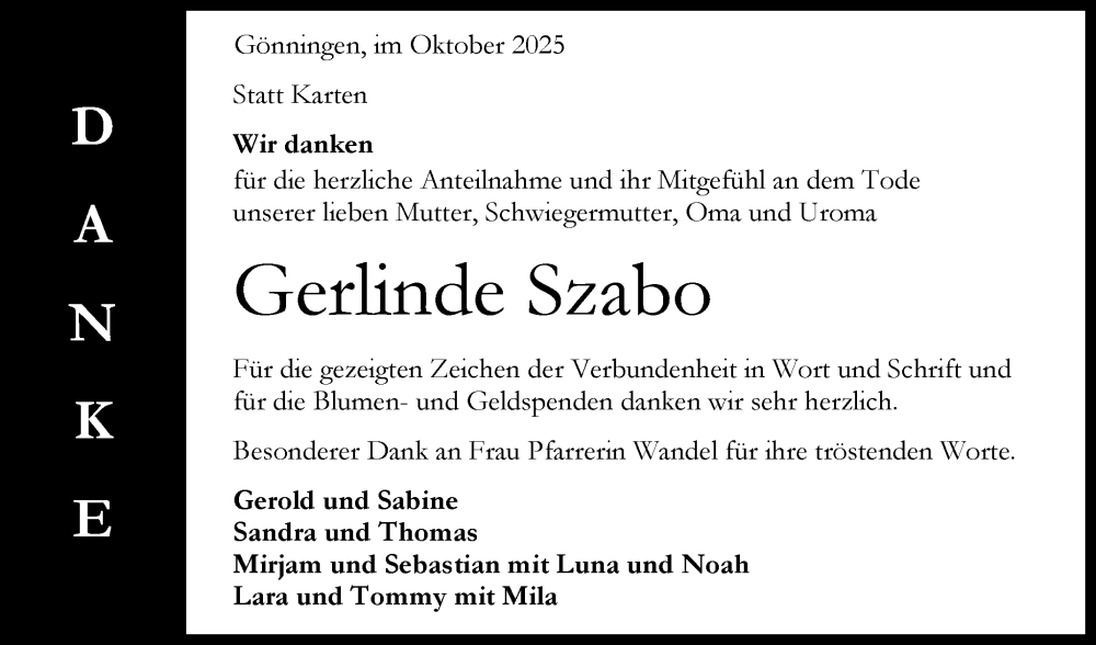  Traueranzeige für Gerlinde Szabo vom 18.10.2025 aus Reutlinger General-Anzeiger