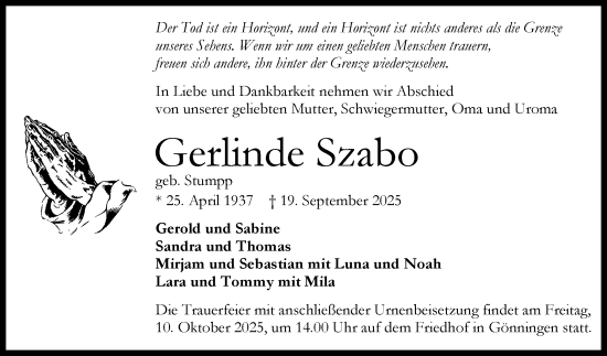 Anzeige von Gerlinde Szabo von Reutlinger General-Anzeiger